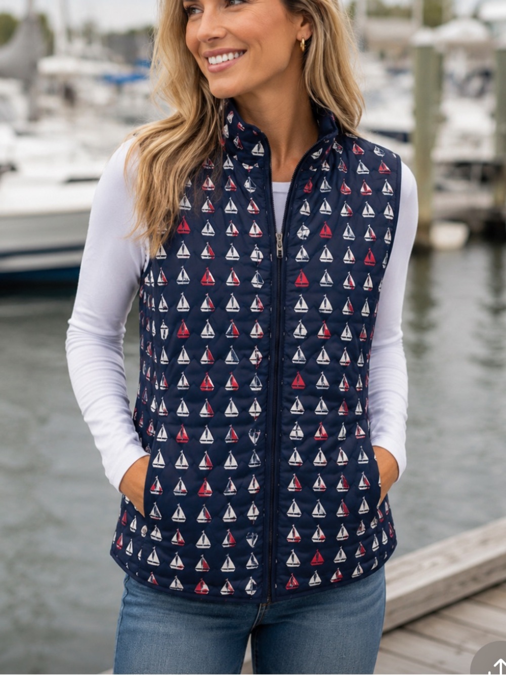 Talbots Navy Quilted Vest with Red & White Sailboat Print